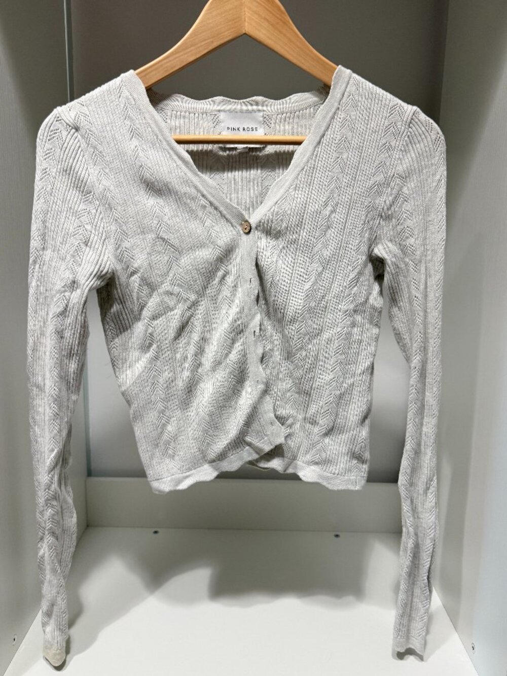 Pink Rose Ribbed Knit Crop Cardigan Gray Pointelle V-Neck